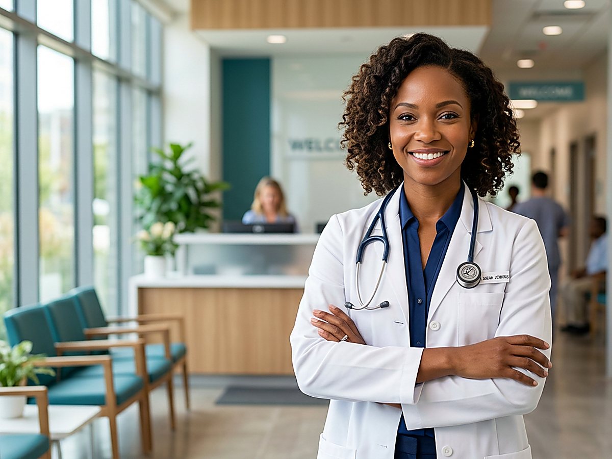 Smiling doctor welcoming patients at Health Medi Consult